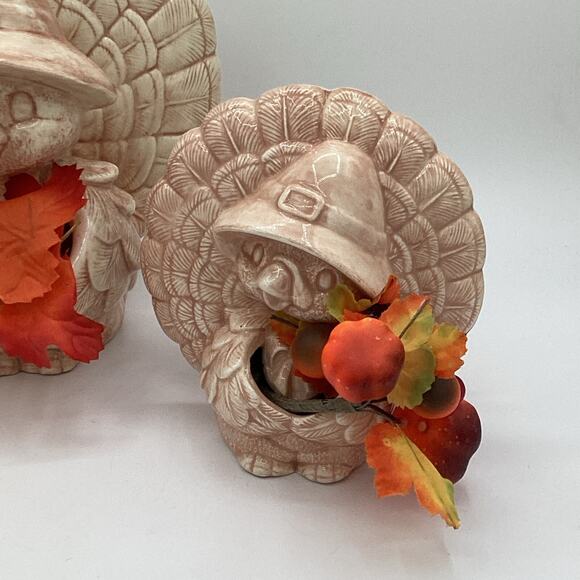 VTG Fall Decor Turkey Ceramic Figurines with Pumpkins and Fall Leaves Set of 3 - Picture 2 of 5